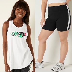 VS Pink Slit Back Tropical Tank Top & Black & White Stripe Ultimate Biker Shorts